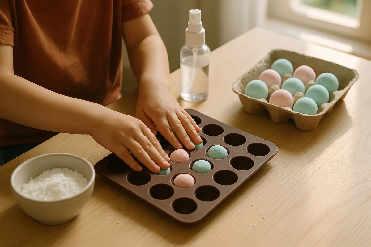 Kinderhände drücken kleine Badekugeln in eine Pralinenform