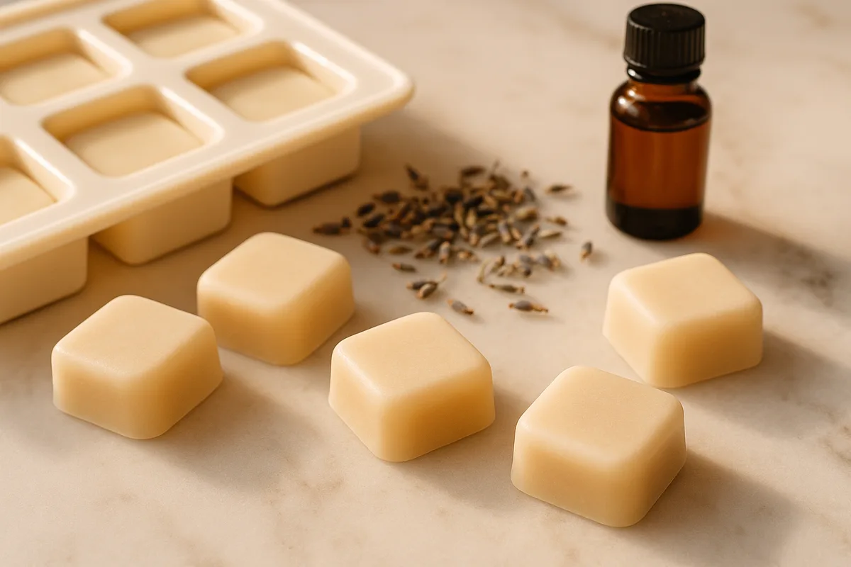 Selbstgemachte Badepralinen aus Kakaobutter neben einer Silikonform