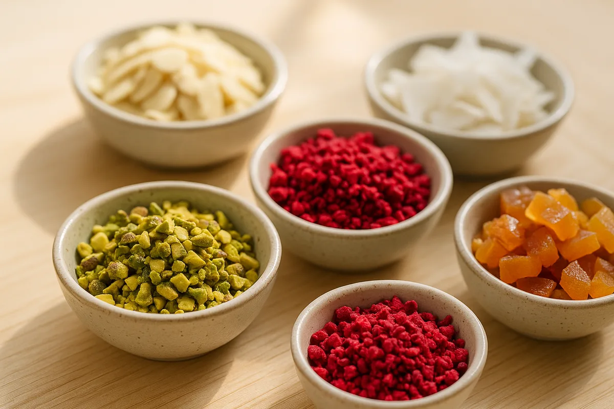Verschiedene Toppings für Bruchschokolade in Schälchen