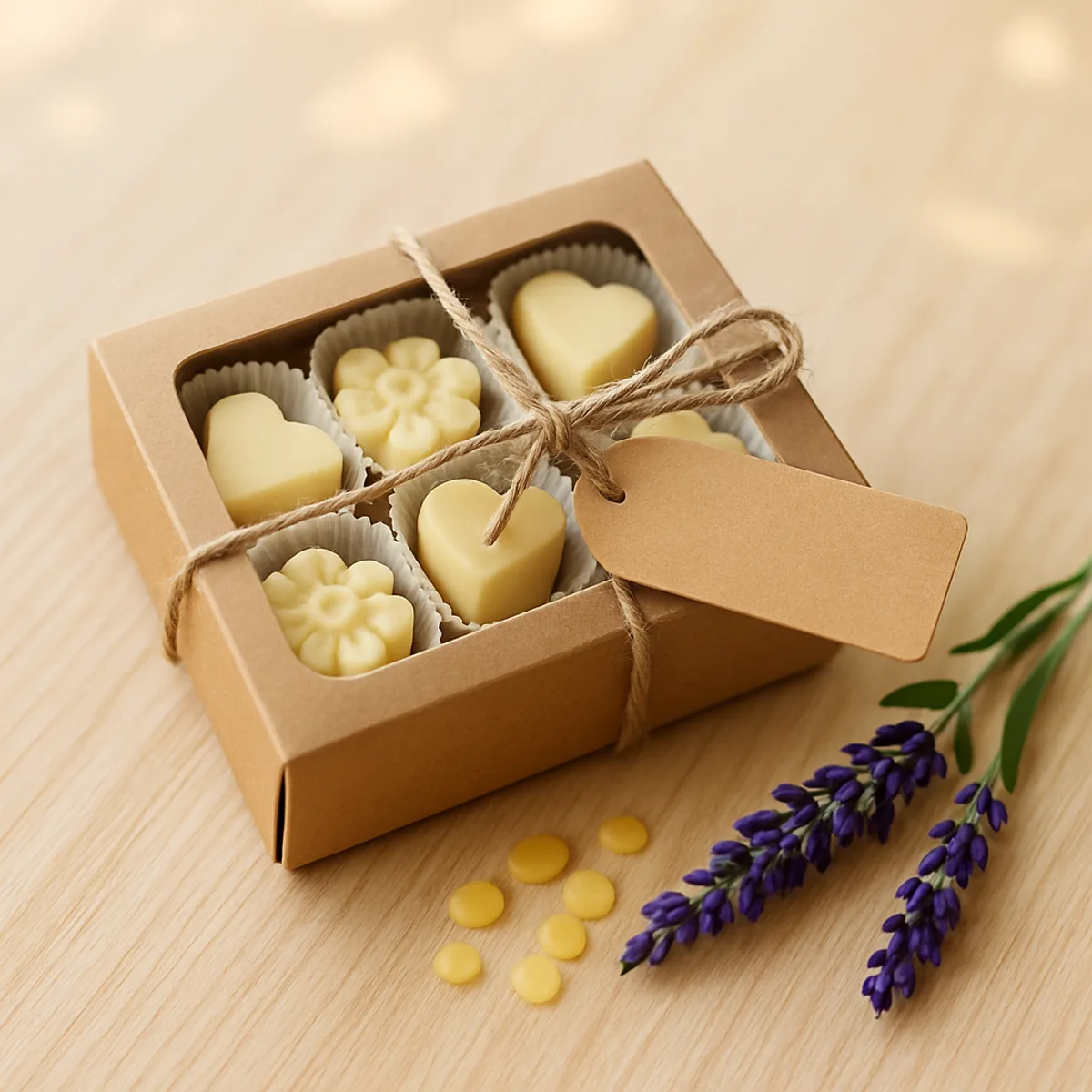 Handcreme-Pralinen in einer Geschenkschachtel mit Schnur und Anhänger