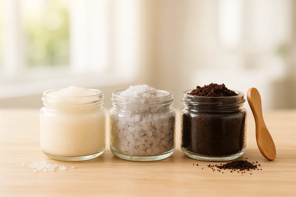 Drei selbstgemachte Körperpeelings im Glas: Zucker, Meersalz und Kaffee