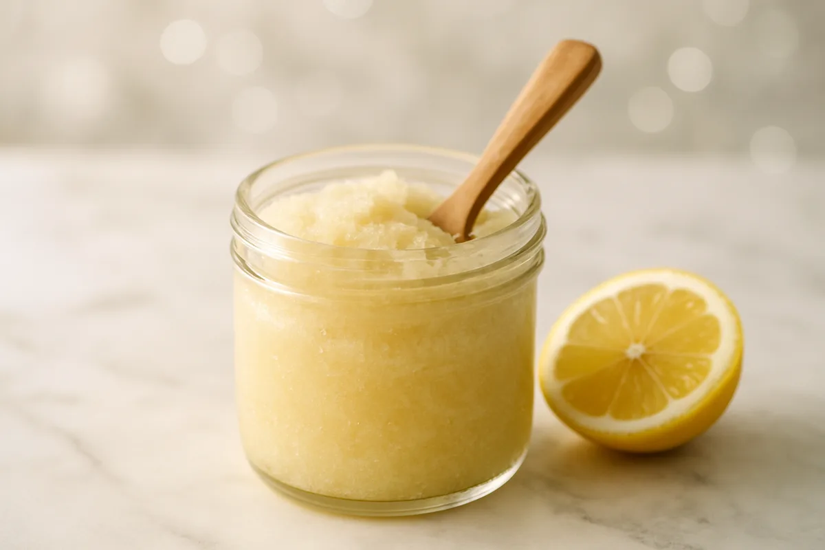 Selbstgemachtes Zuckerpeeling im Glas mit Holzlöffel