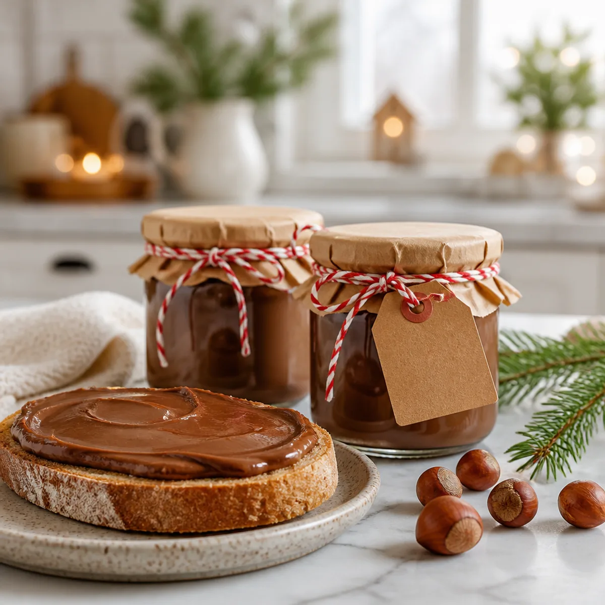 Zwei Gläser selbstgemachte Schokocreme mit Kordel als Geschenk und ein bestrichenes Brot