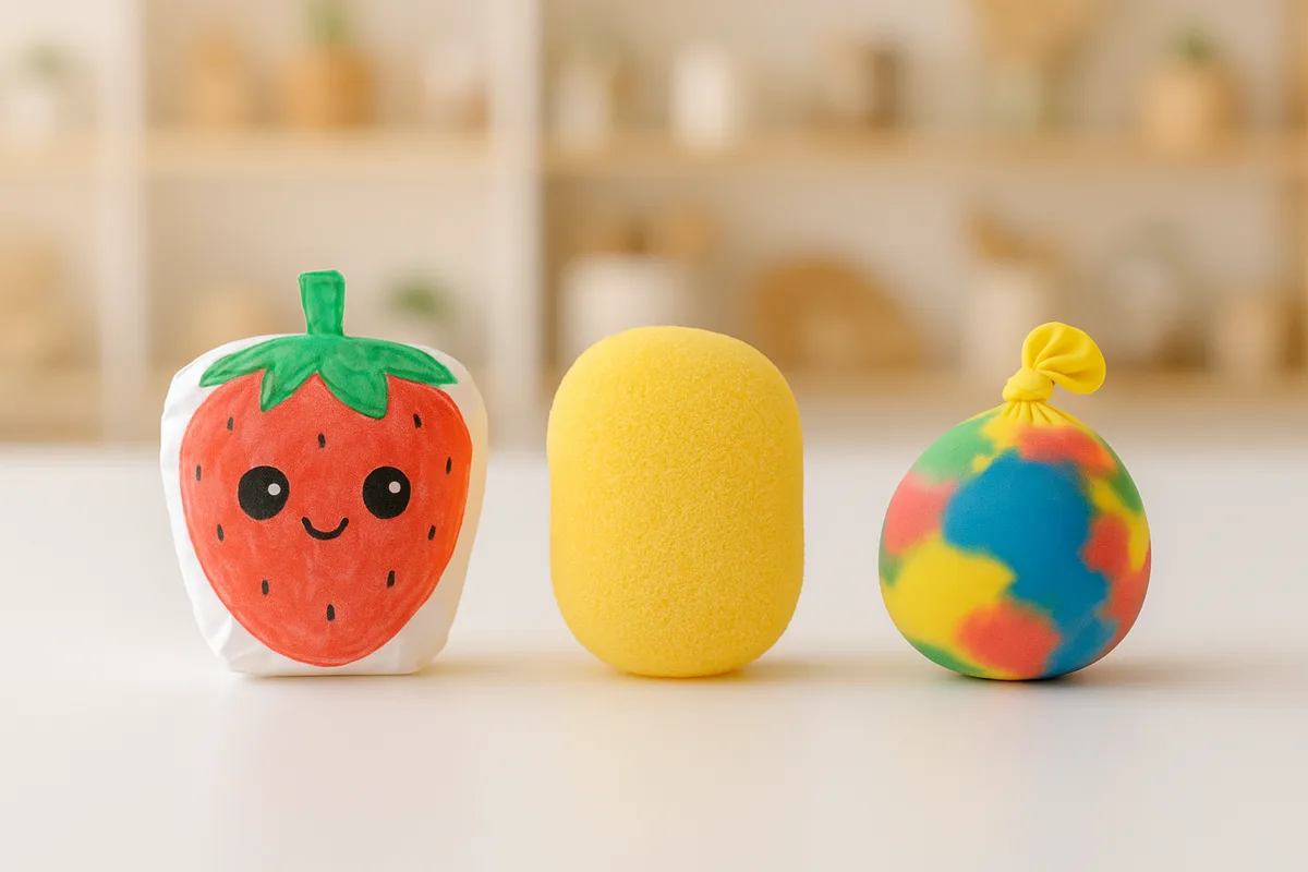 Drei selbstgemachte Squishies: aus Papier, aus einem Schwamm und als Knautschball aus einem Luftballon