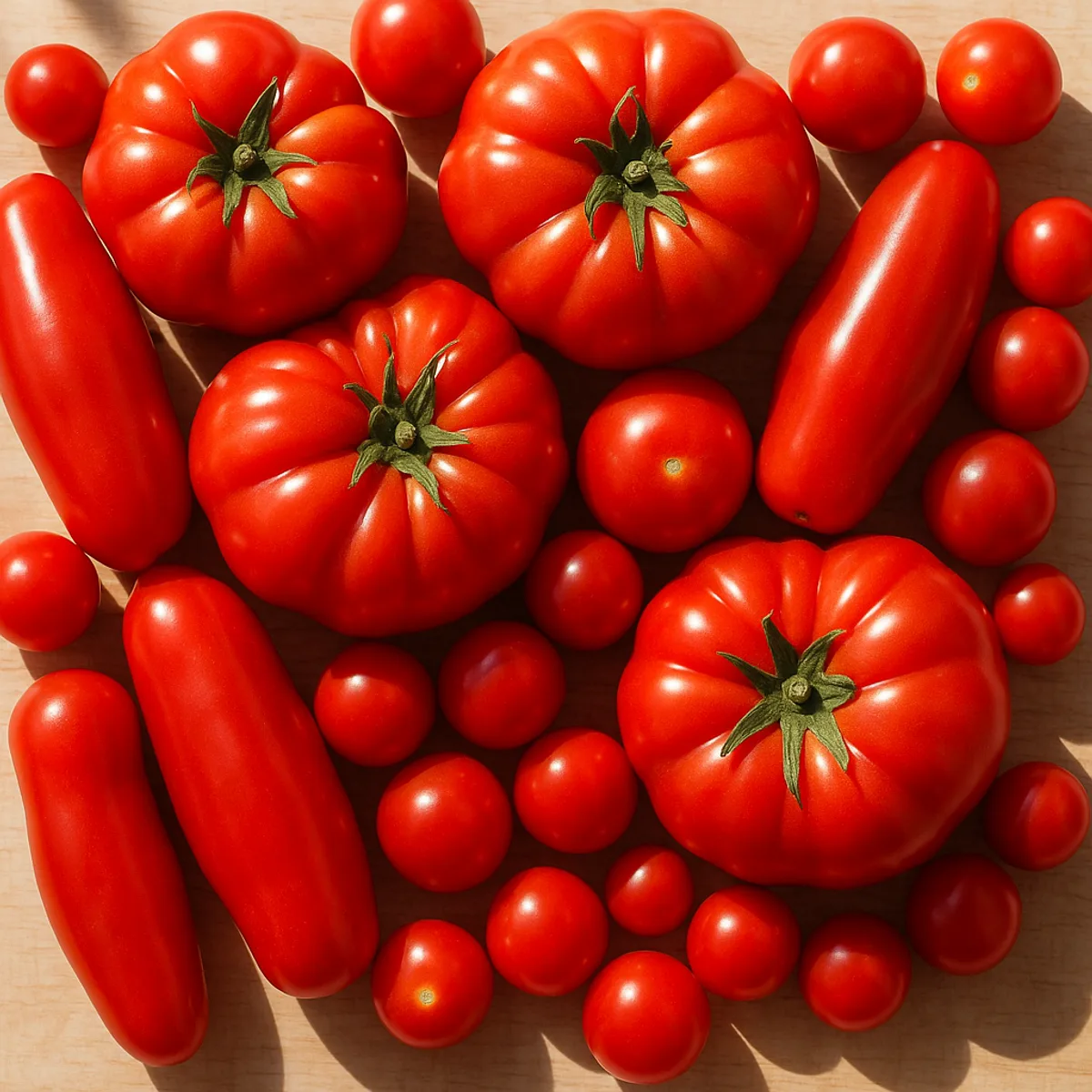Verschiedene Tomatensorten zum Einkochen auf einem Holzbrett