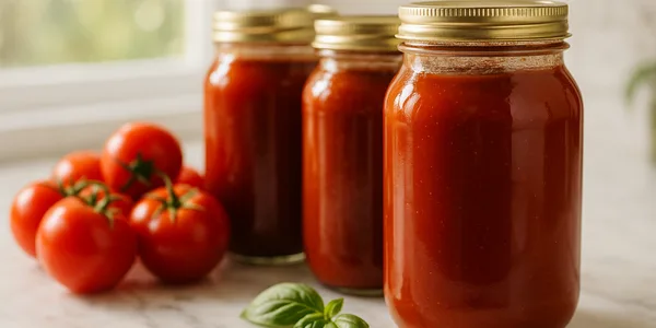 Eingekochte Tomatensoße in Gläsern