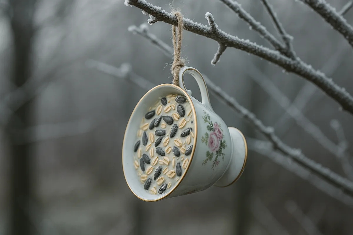 Alte Porzellantasse mit Vogelfutter hängt an einem winterlichen Ast