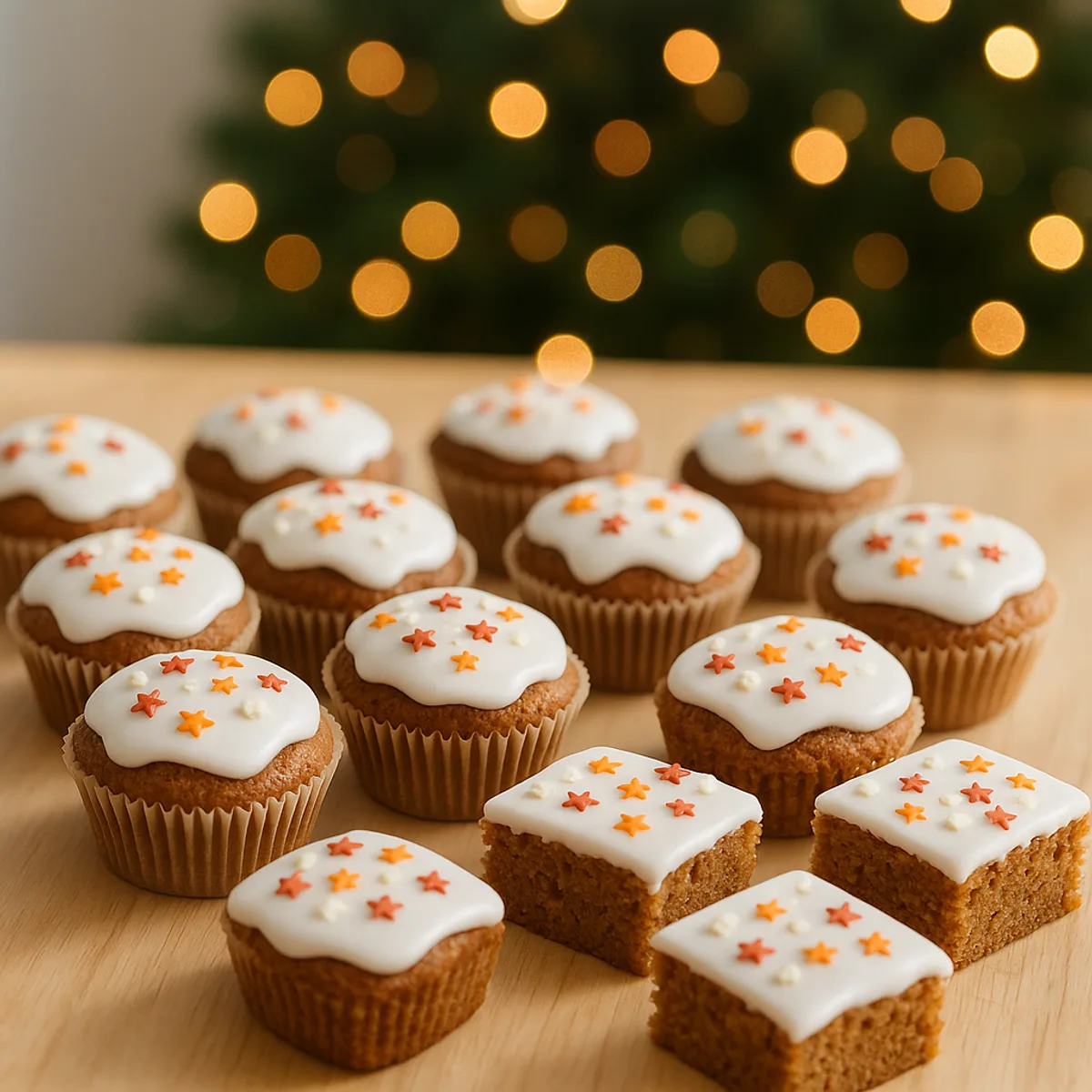 Weihnachtsmuffins mit Zuckerguss und Sternstreuseln neben Stücken vom Blechkuchen