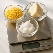 Bienenwachs, Sheabutter und Kokosöl abwiegen