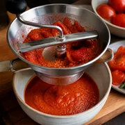 Gekochte Tomaten durch eine Passiermühle streichen