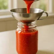 Tomatensoße in Gläser füllen