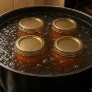 Vier vollständig mit kochendem Wasser bedeckte Gläser Tomatensoße