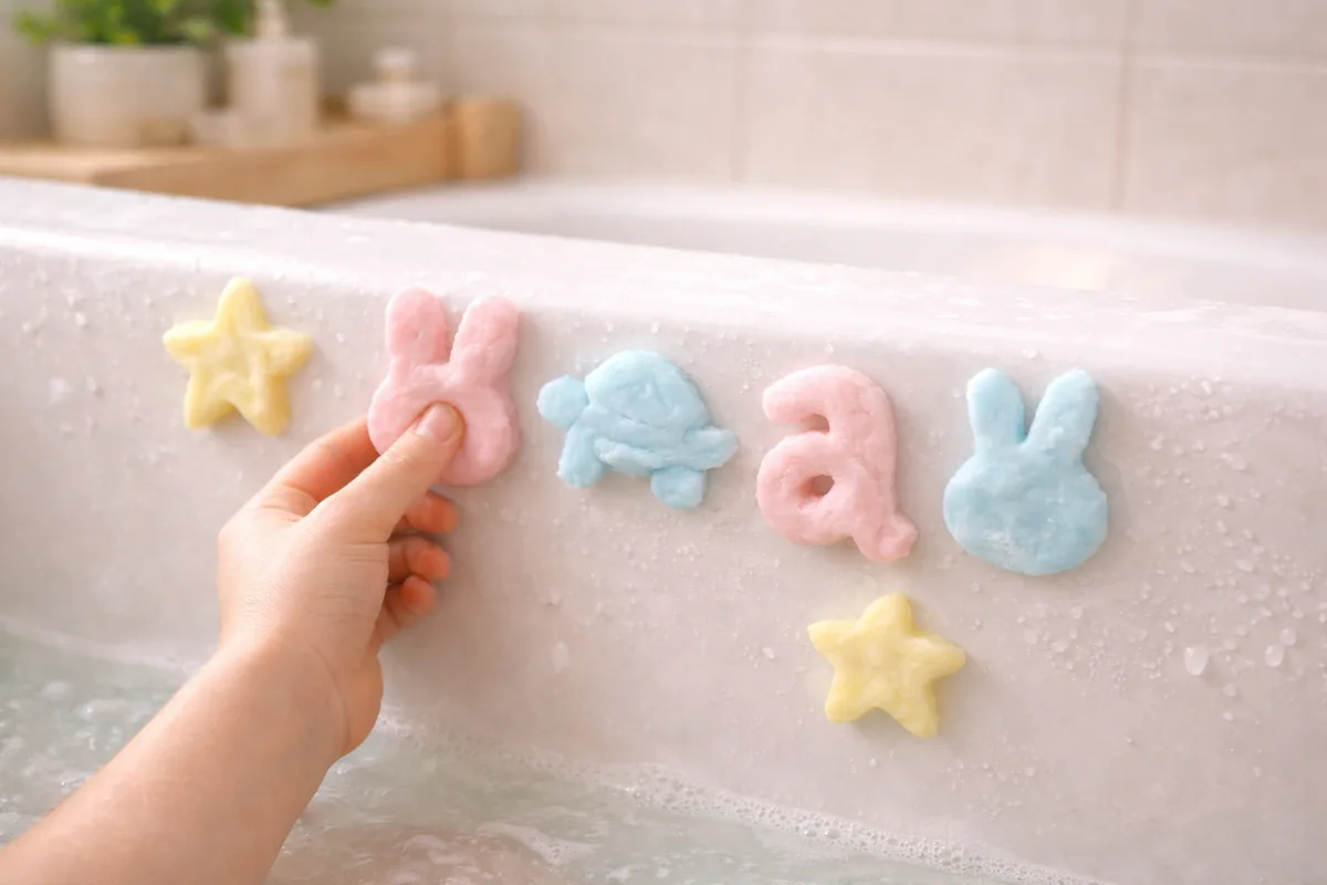 Kinder spielen mit bunter Badeknete in der Badewanne