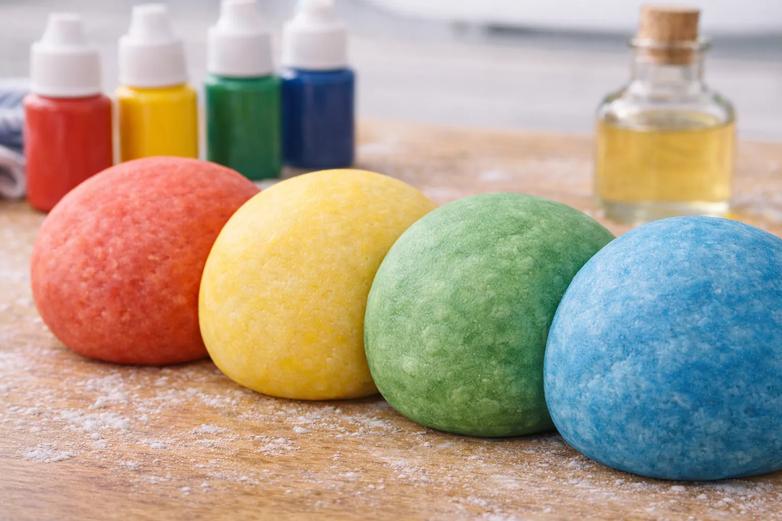 Mehrere bunte Knete-Portionen in verschiedenen Farben aus dem Thermomix